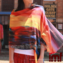 Sun Rise Blue and Orange Gradient Color Fabric Indian Wool Shawl